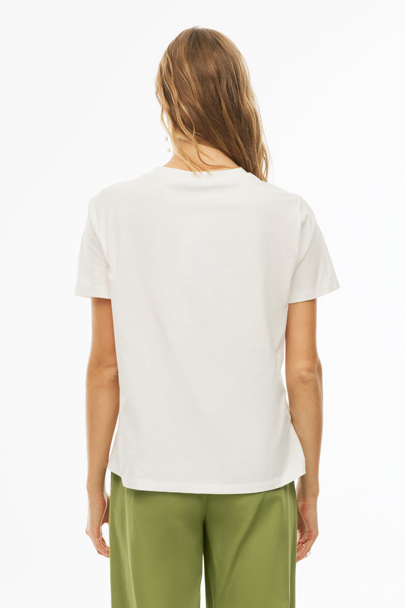 Perspective Round Neck Pocket Detailed Cotton T-Shirt Ecru