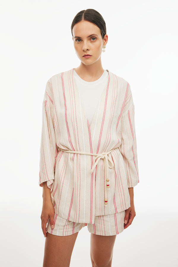 Perspective V-Neck Three-Quarter Sleeve Striped Kimono Beige