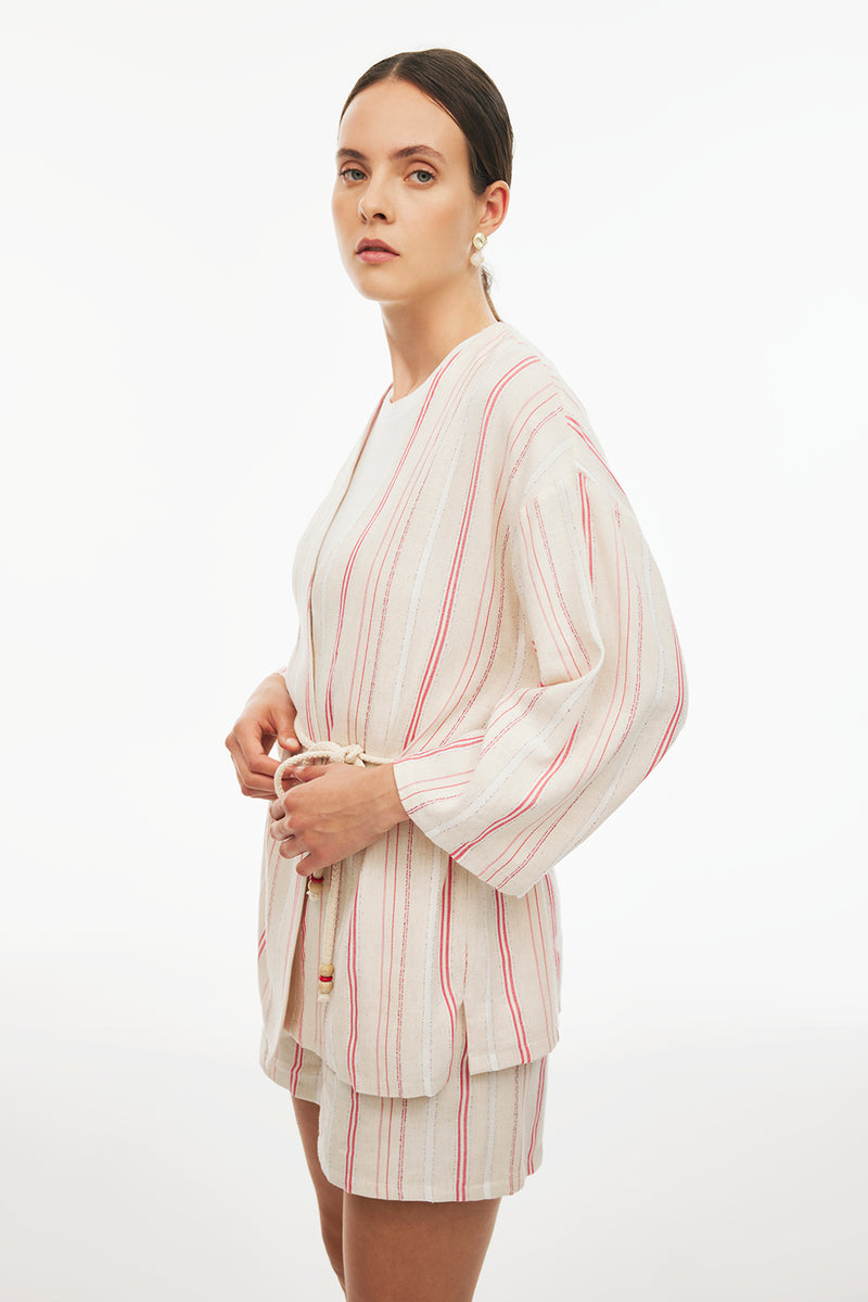 Perspective V-Neck Three-Quarter Sleeve Striped Kimono Beige