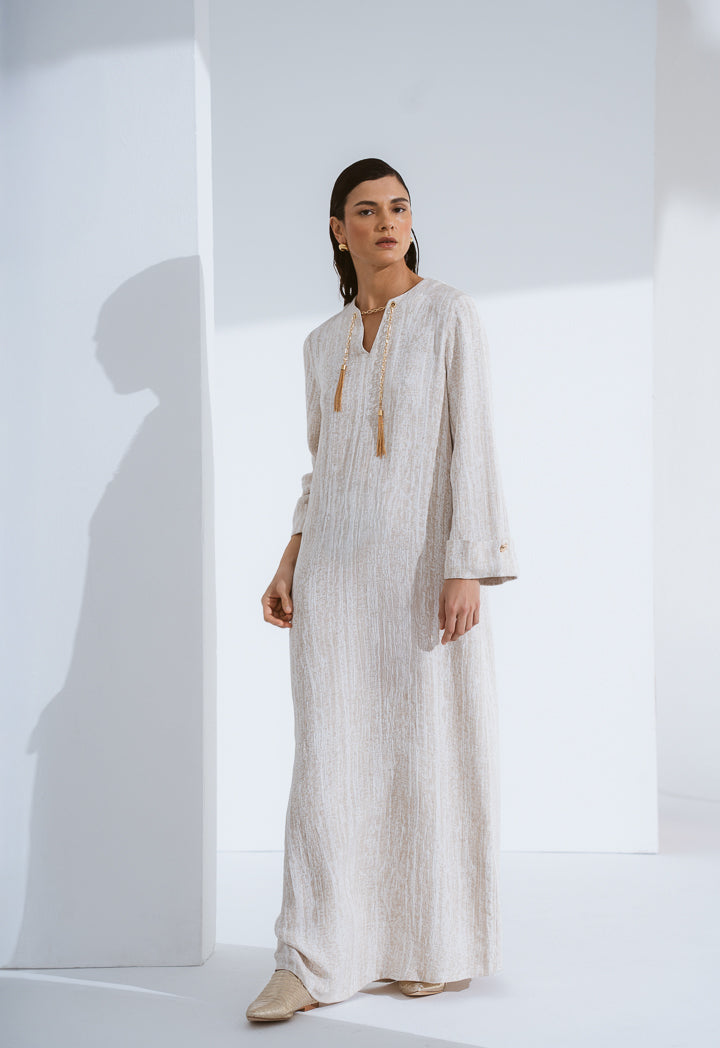 Choice Textured Contrast Dress With Detachable Chain Beige