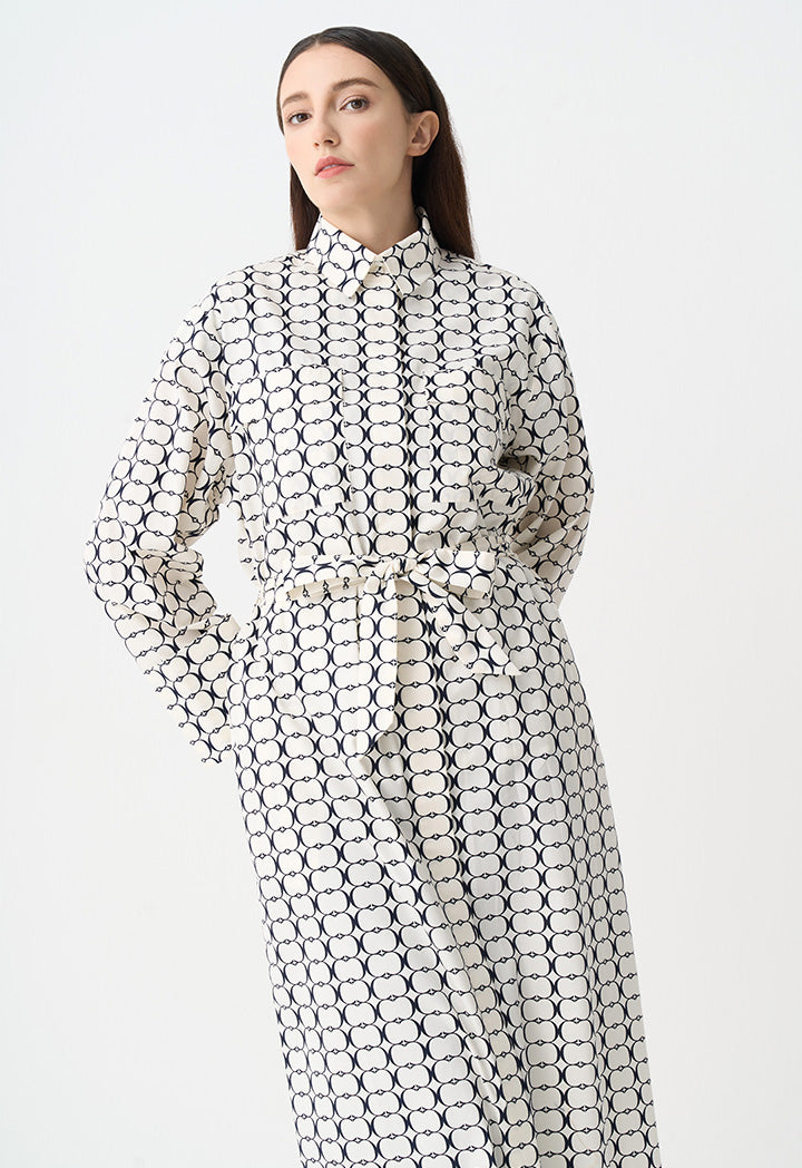 Choice Patterned Belted Shirt Dress Offwhite