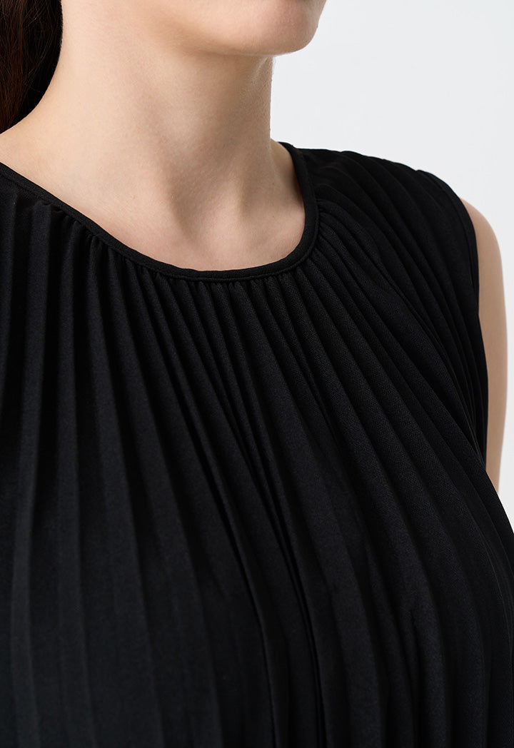 Choice Solid Maxi Pleated Sleeveless Dress Black