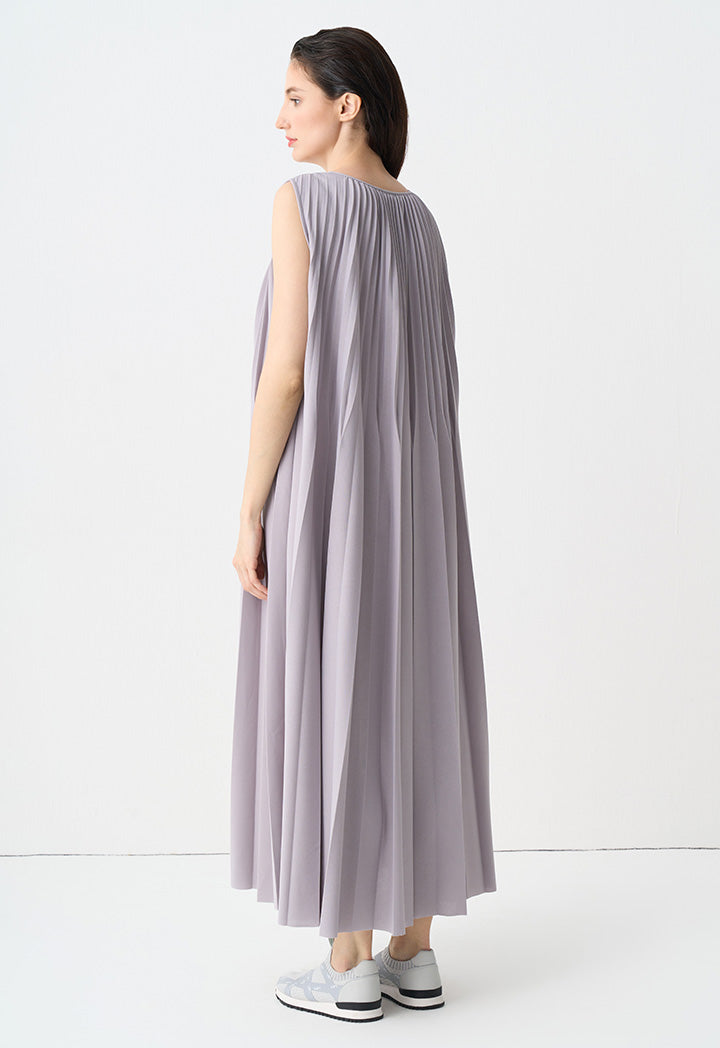 Choice Solid Maxi Pleated Sleeveless Dress Grey