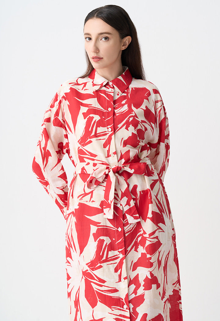 Choice Printed Belted Shirt Dress Red