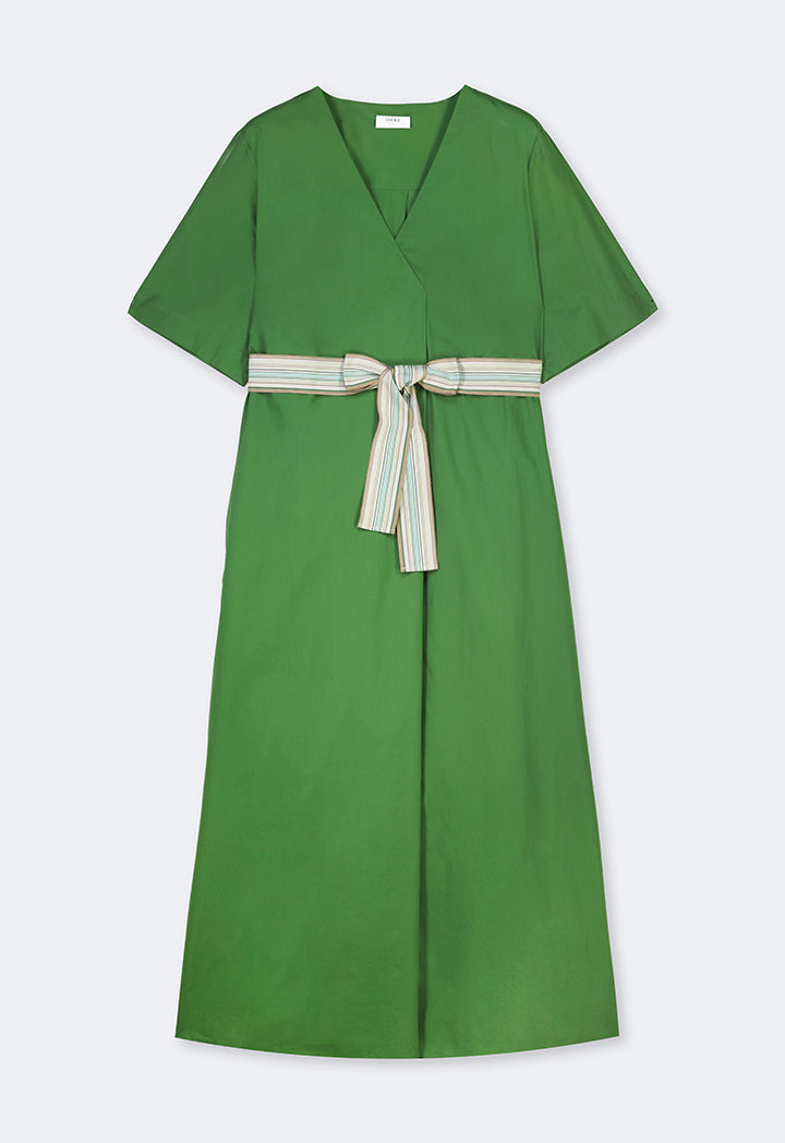 Choice V-Neck Solid Short Sleeves Dress Green