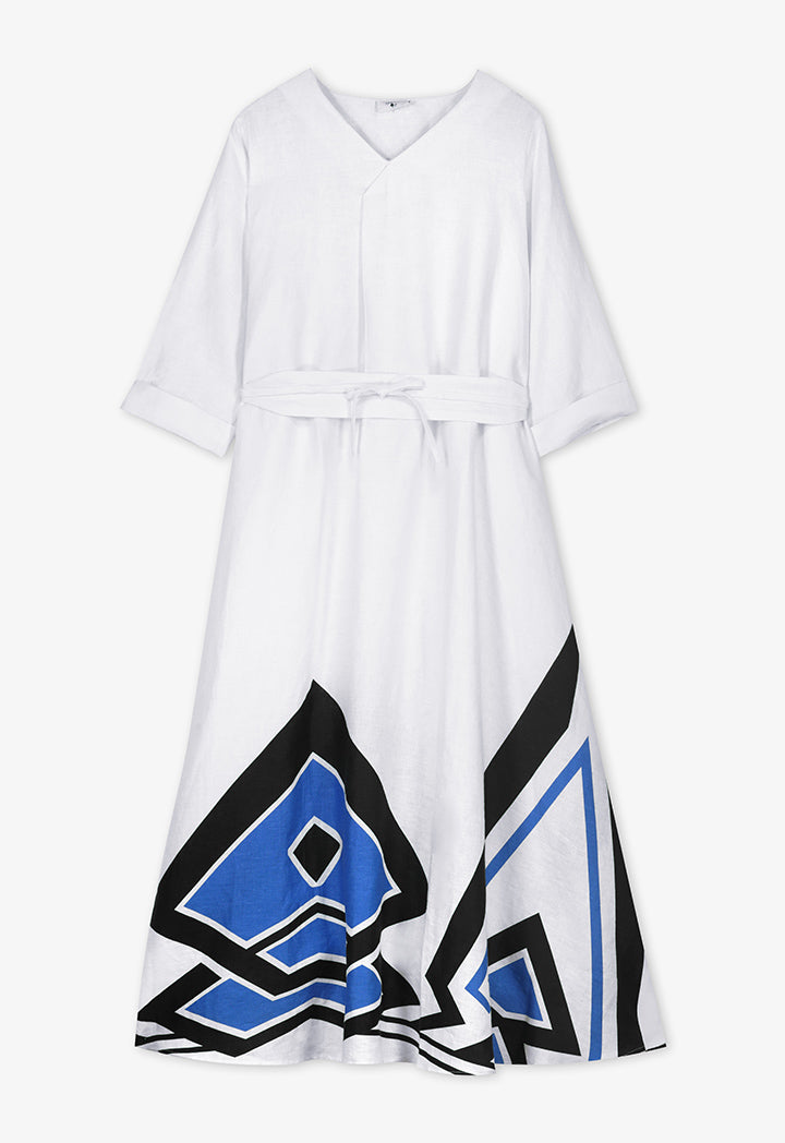 Choice Printed Hem Flared Maxi Belted Dress - Ramadan Style Off White