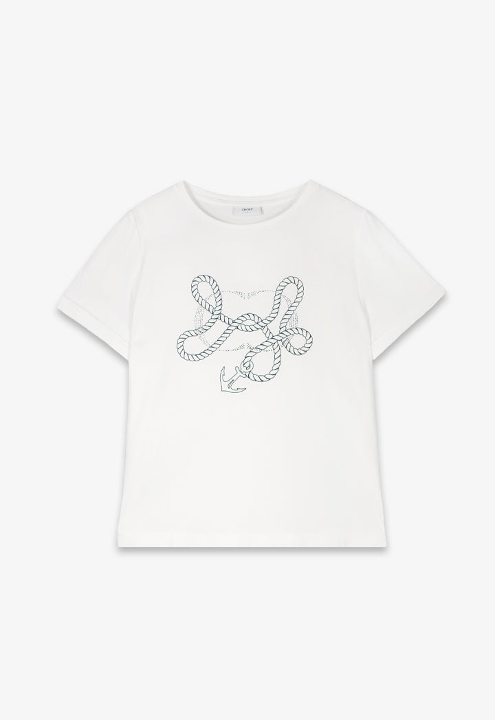 Choice Printed Motif Crystal Embellished T-Shirt Off White
