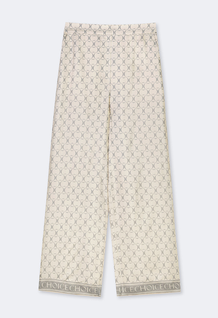 Choice Wide Leg Monogram Print Trousers Beige