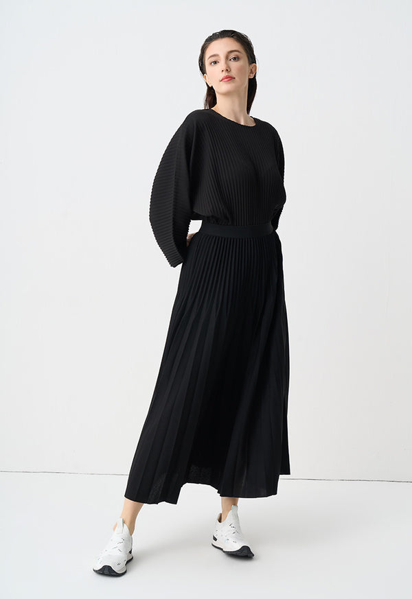 Choice Solid Pleated Elastic Waistband Skirt Black