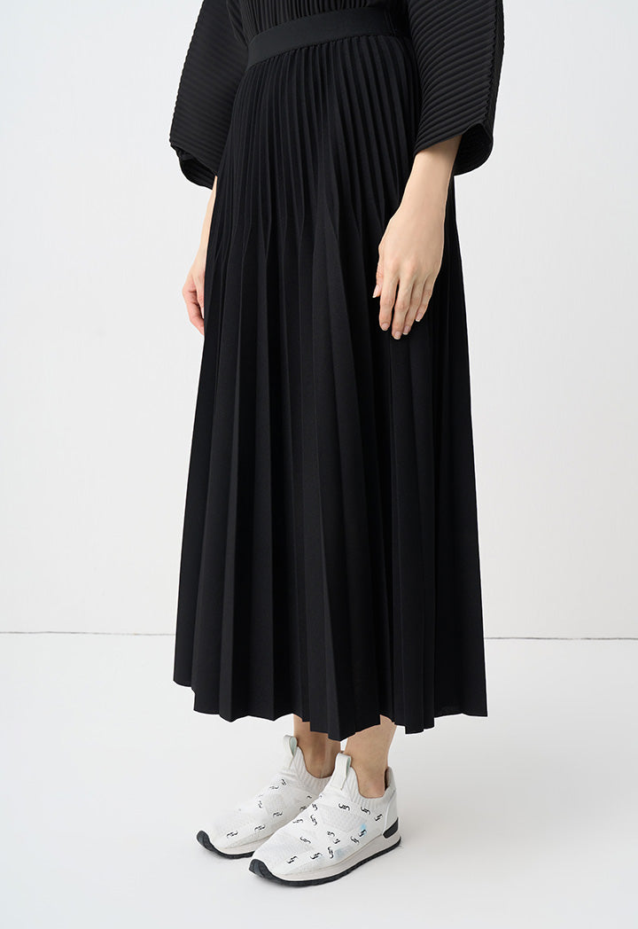 Choice Solid Pleated Elastic Waistband Skirt Black