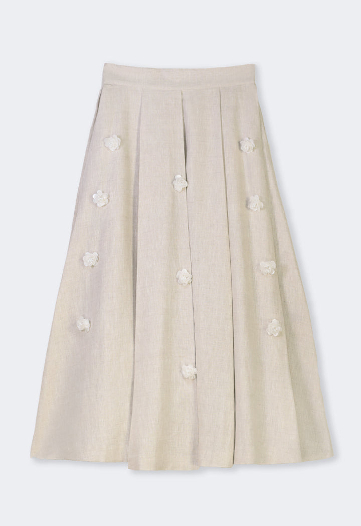Choice Flared Linen Pleated Skirt Beige