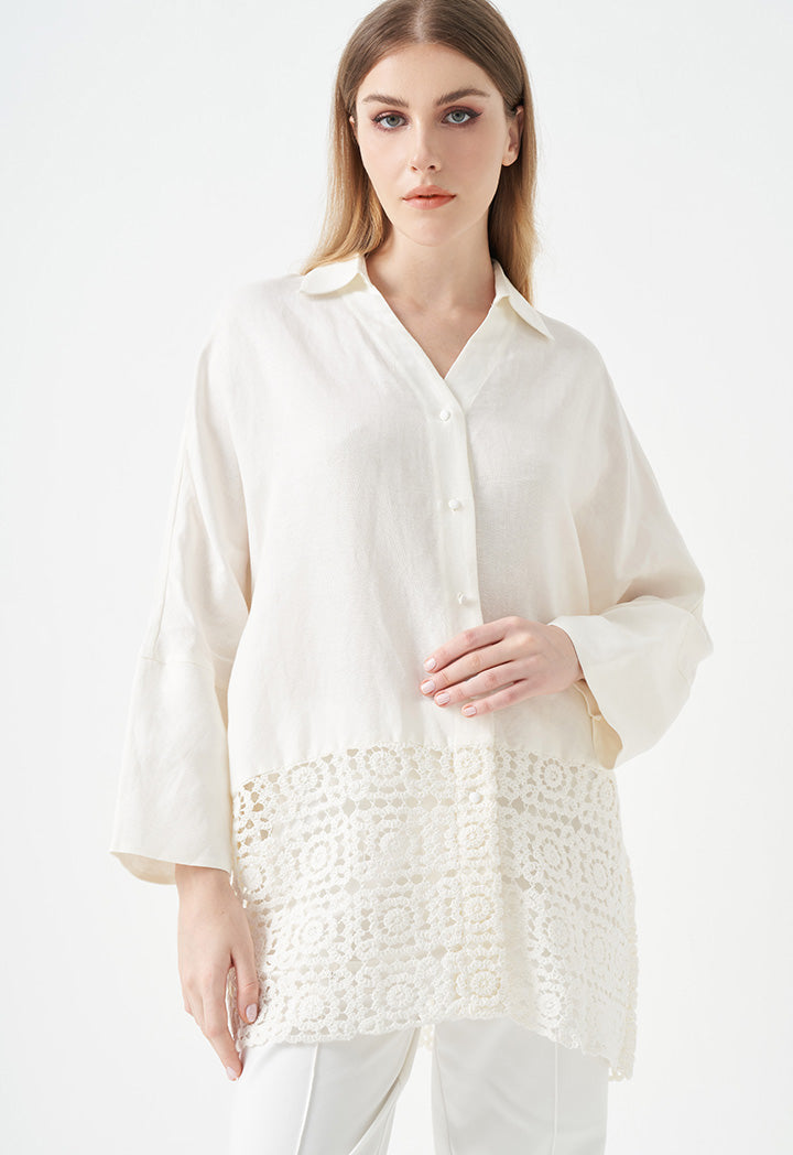 Choice Long Dolman Sleeves Crochet Shirt Off White