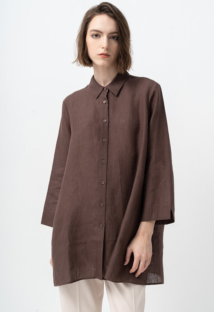 Choice Solid Long Sleeves Flared Shirt Brown