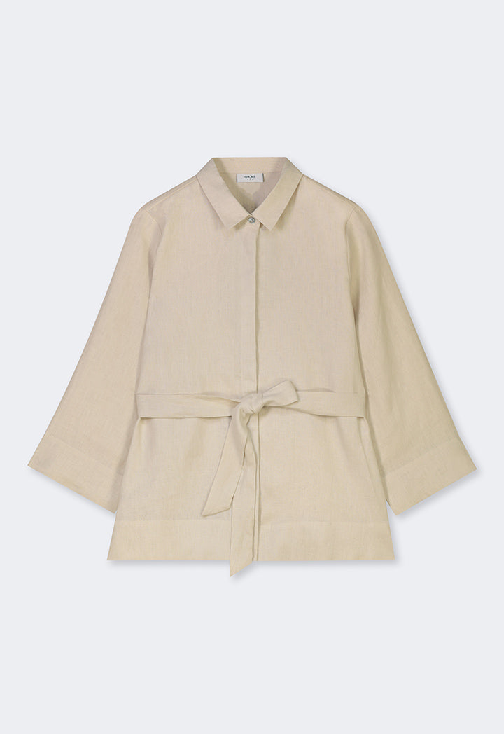 Choice Solid Long Sleeve Belted Shirt Beige