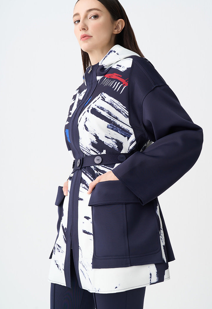 Choice Printed Drop Shoulders Midi Jacket  Navy