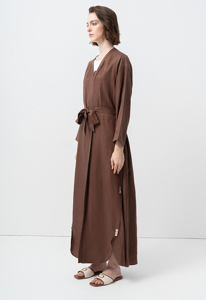 Choice Single Tone Belted Open Abaya Brown