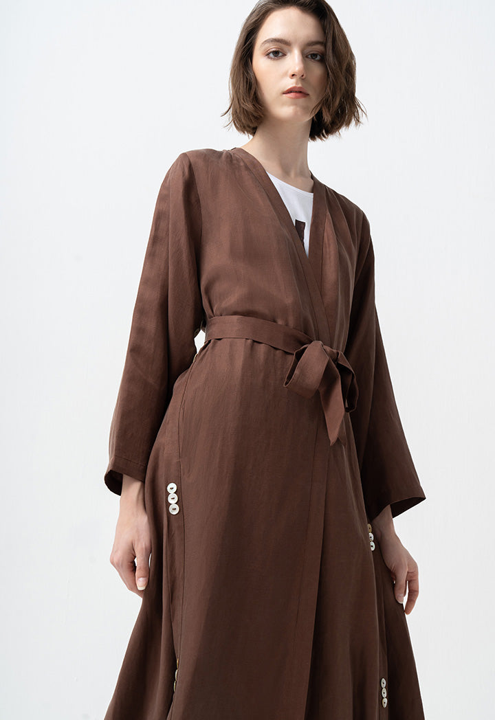 Choice Single Tone Belted Open Abaya Brown
