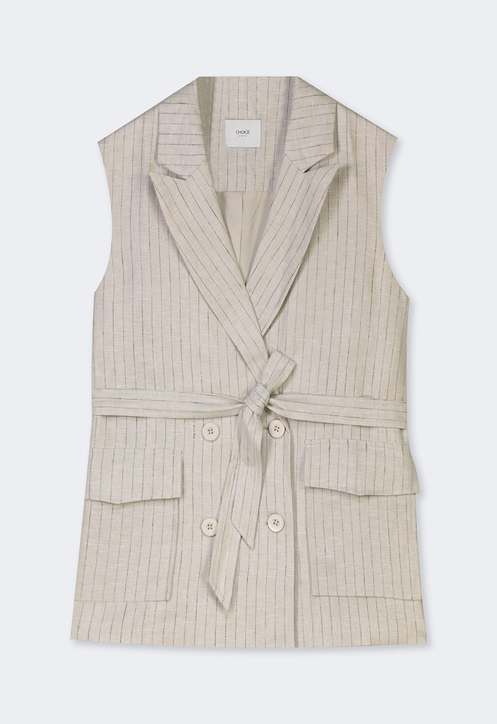Choice Striped Sleeveless Belted Gilet Beige