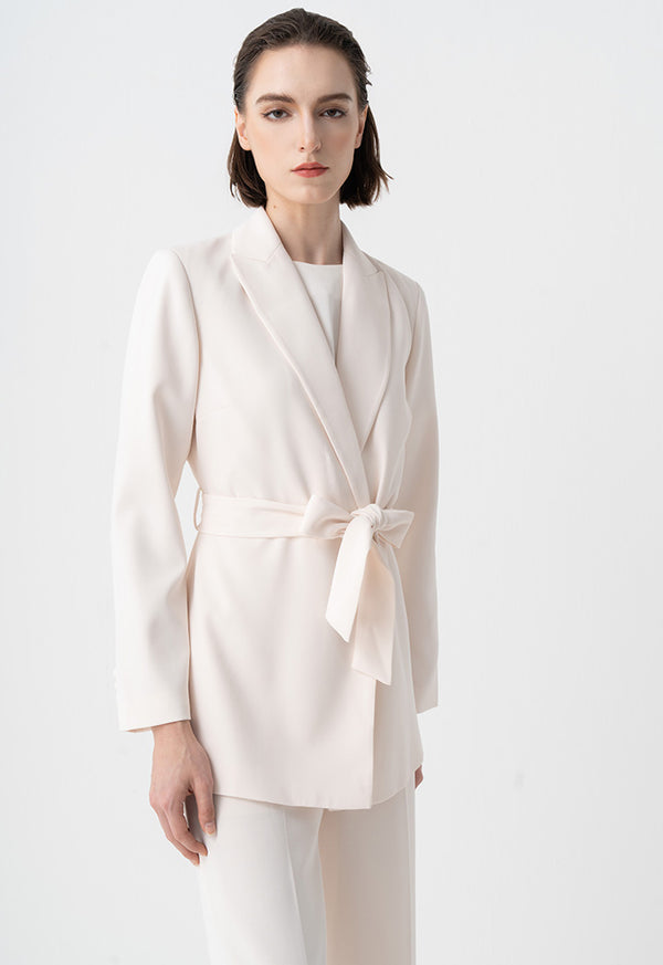 Choice Double-Breasted Belted Blazer Cream