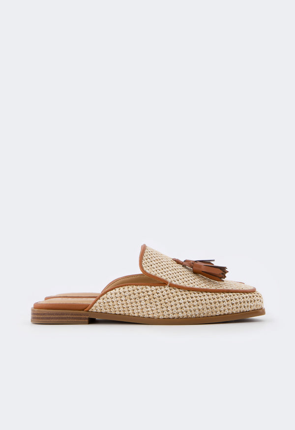 Choice Intricate Faux Straw Mules Camel