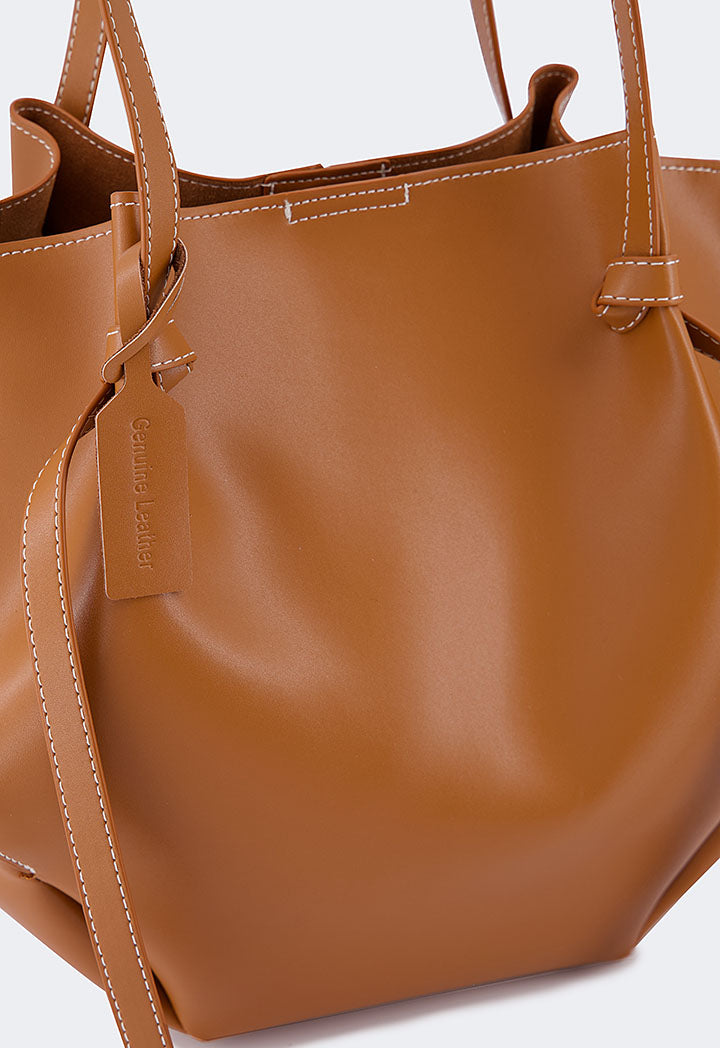 Choice Genuine Leather Stitch Tote Bag Brown