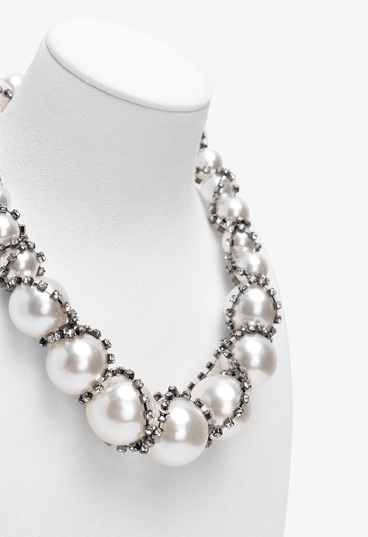 Choice Crystal Wrapped Faux Pearls Necklace Off White