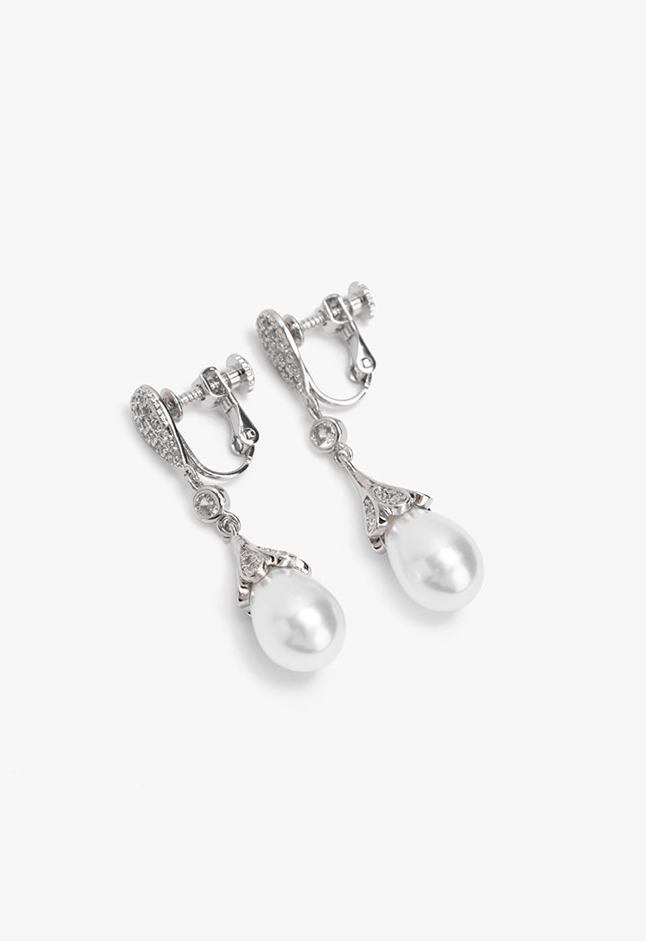Choice Crystal Embellished Faux Pearls Drop Earrings Silver