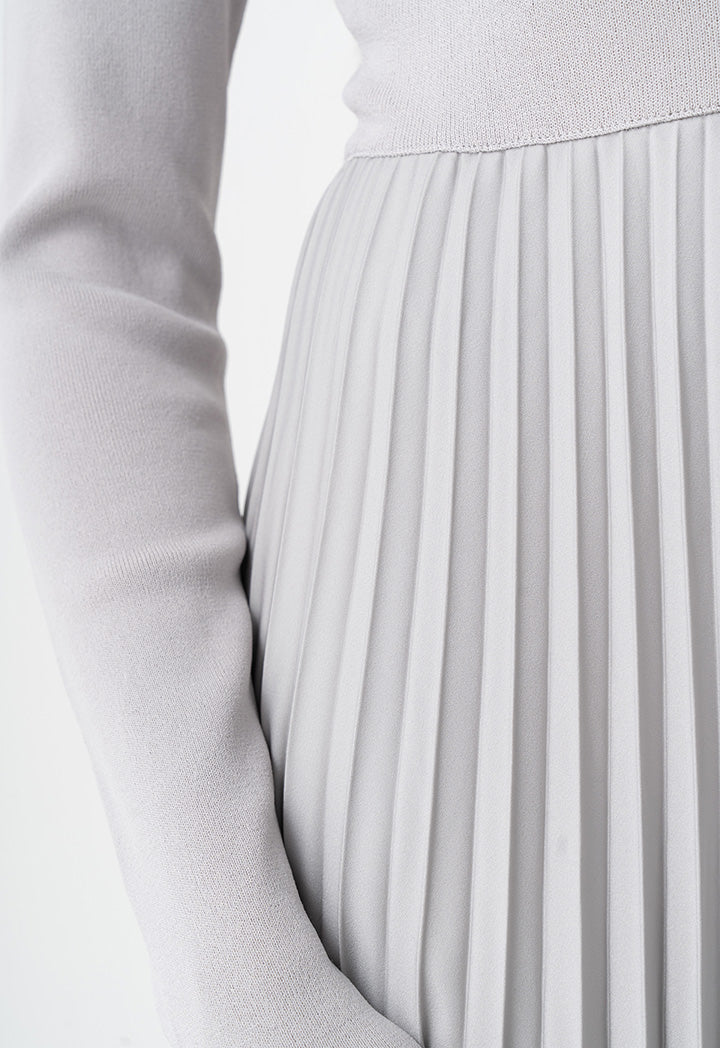 Choice Pleated Solid Long Sleeve Dress Grey