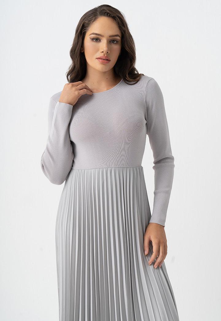 Choice Pleated Solid Long Sleeve Dress Grey