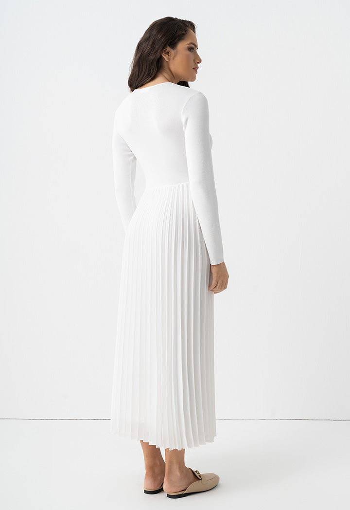Choice Pleated Solid Long Sleeve Dress Off White