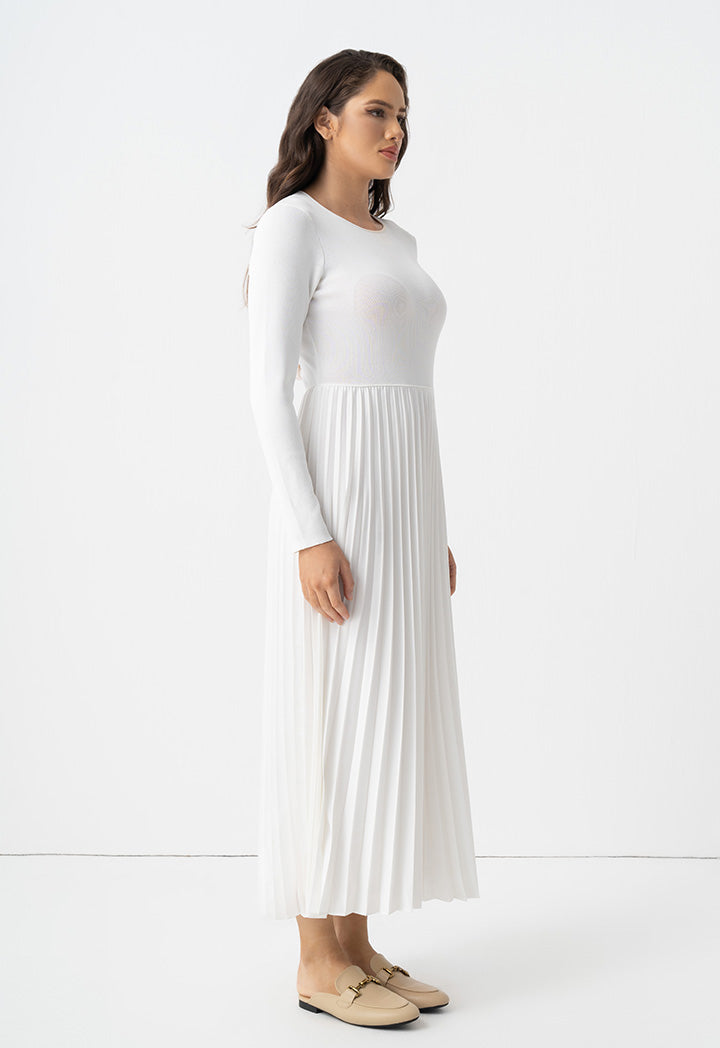 Choice Pleated Solid Long Sleeve Dress Off White