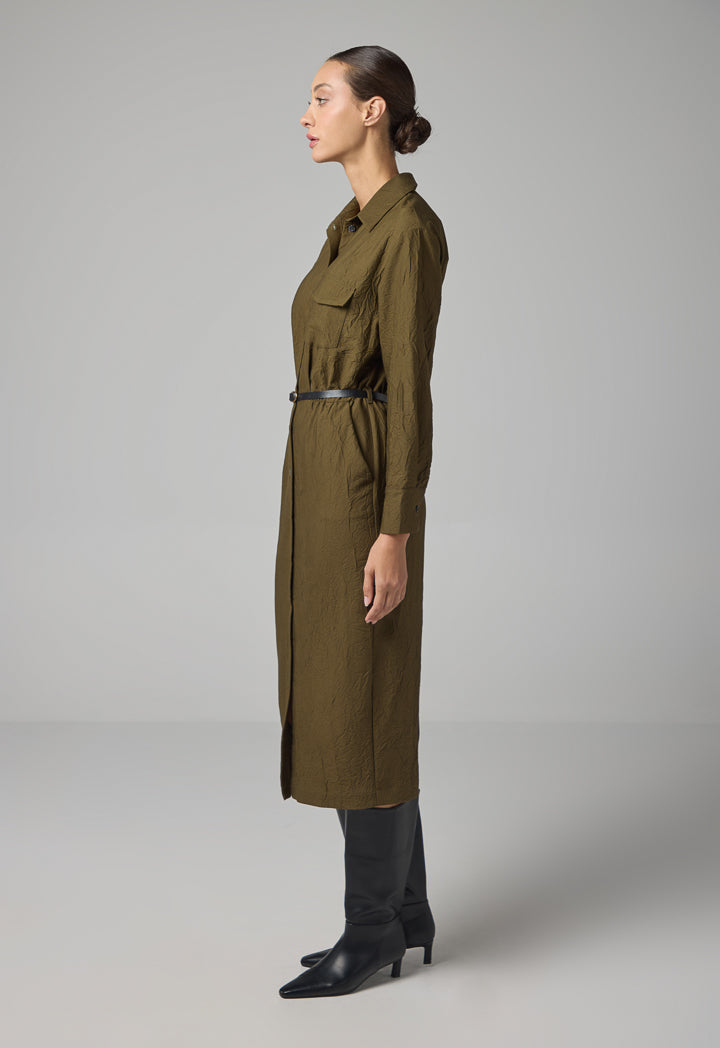 Choice Crinkled Basic Shirt Dress Khaki