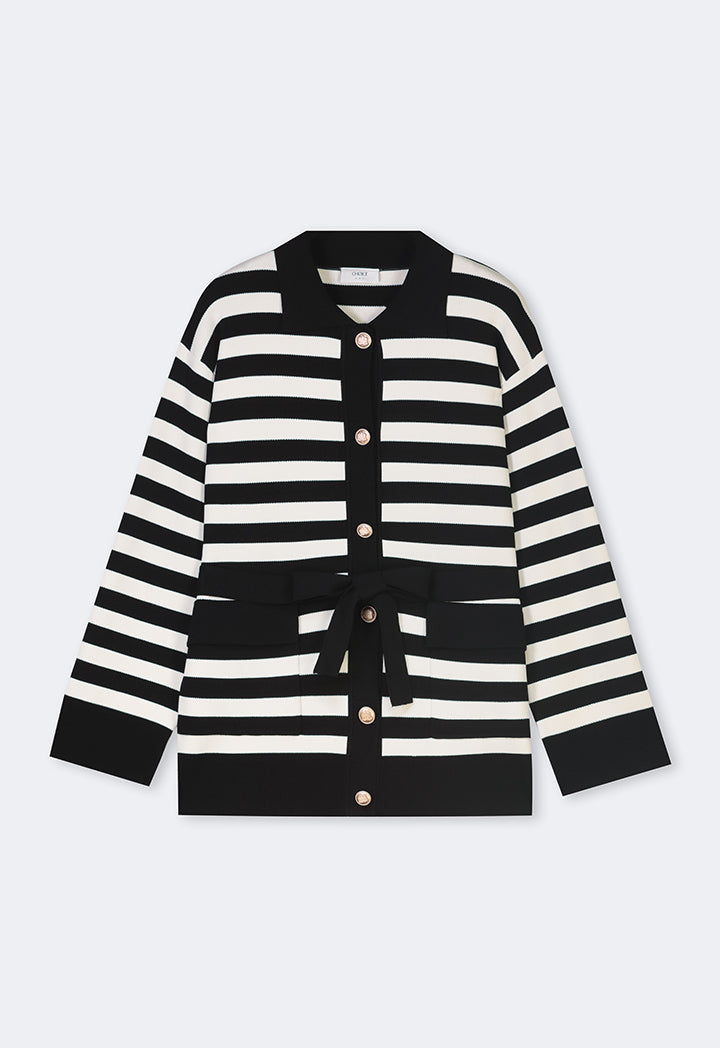 Choice Two-Tone Knitted Belted Cardigan Offwhite/Black