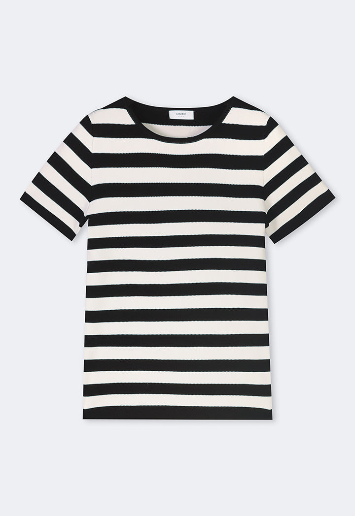 Choice Knitted Striped Short Sleeve Top Offwhite/Black