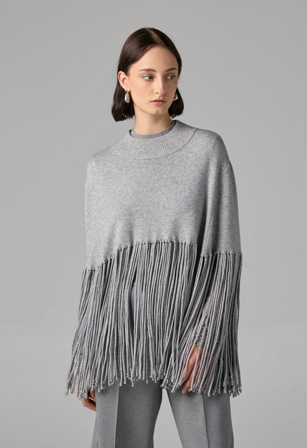 Choice Crew Neck Tassels Poncho Grey
