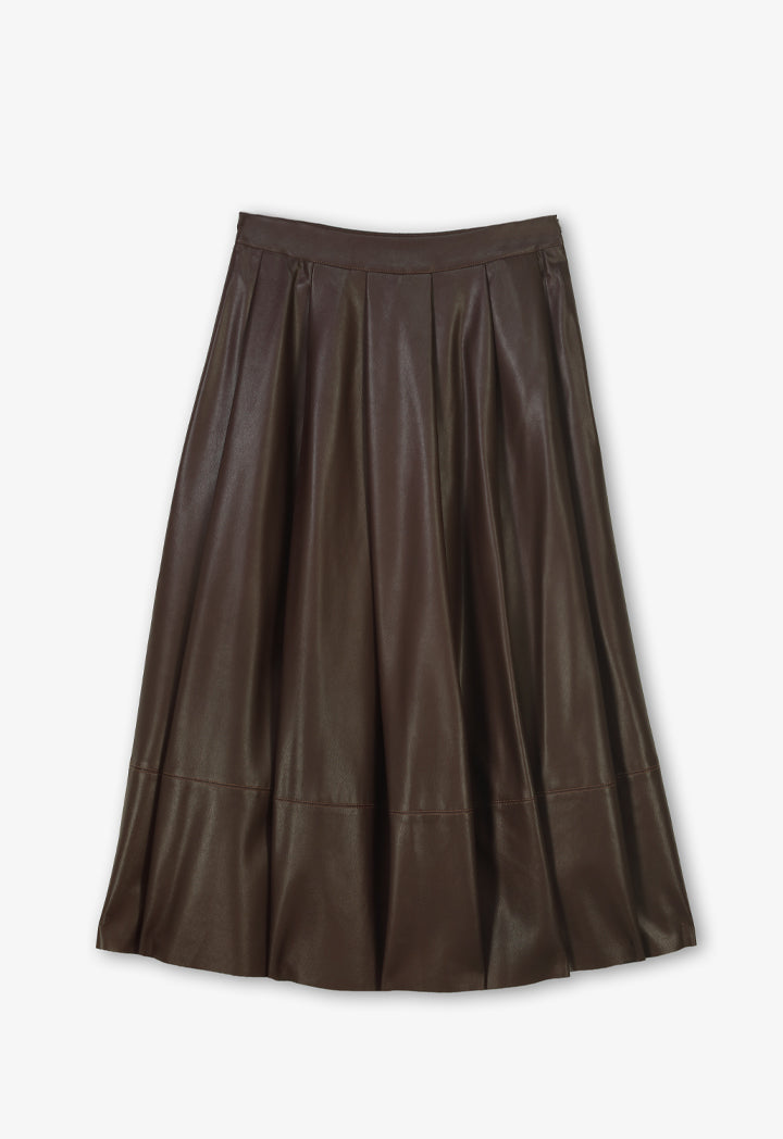 Choice Solid Leather Pleated Skirt Brown