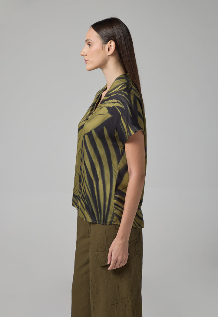 Choice V- Neck Printed Top Khaki