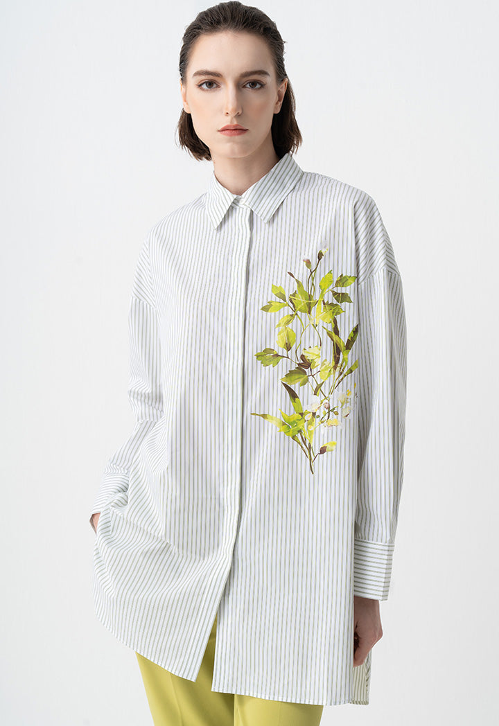 Choice Striped Floral Printed Shirt Off White