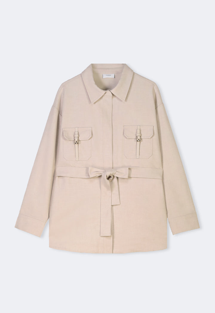 Choice Solid Front Pockets Belted Shirt Beige