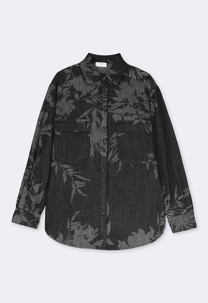 Choice Floral Print Denim Shirt Dark Grey