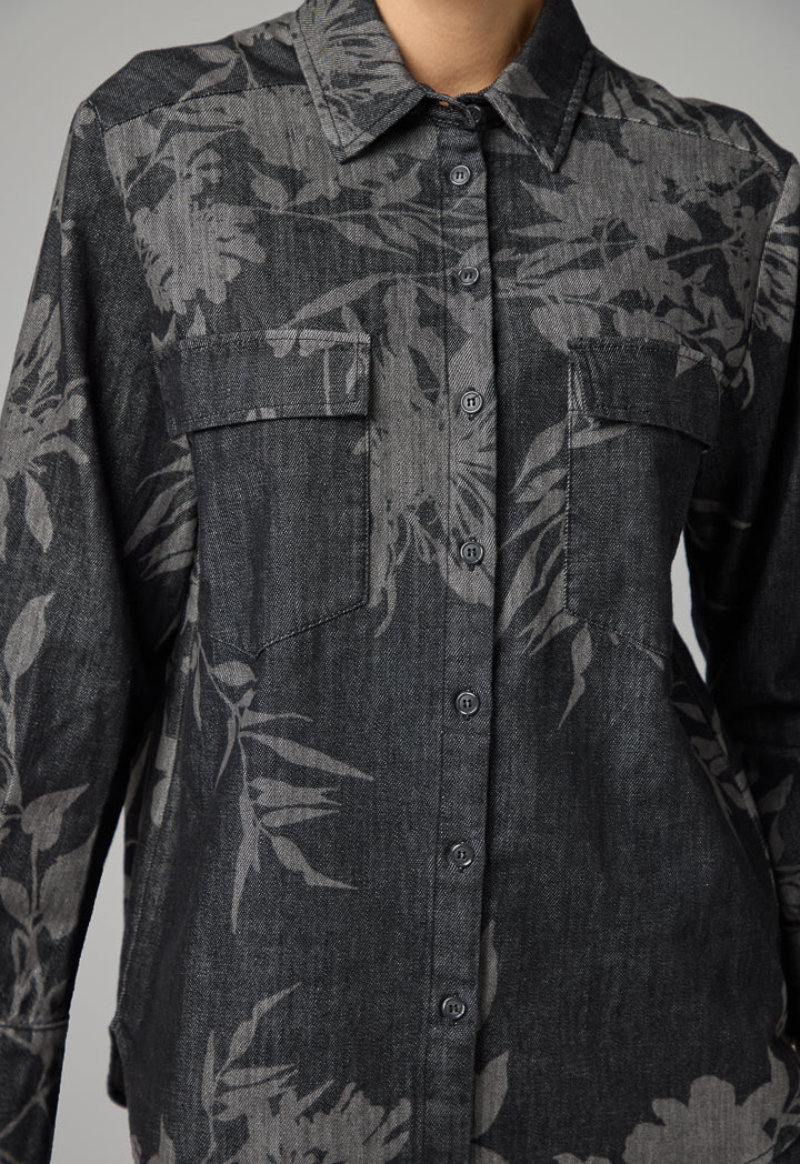 Choice Floral Print Denim Shirt Dark Grey