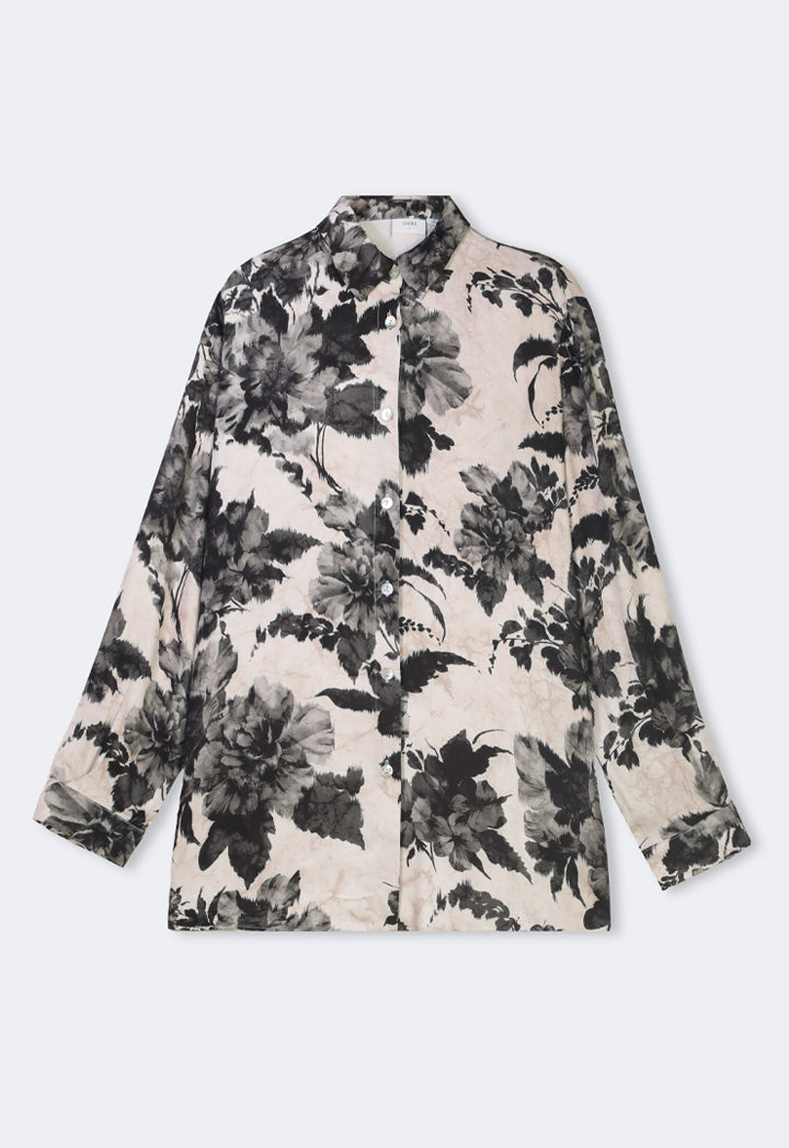 Choice Floral Printed Long Sleeve Shirt  Black-White