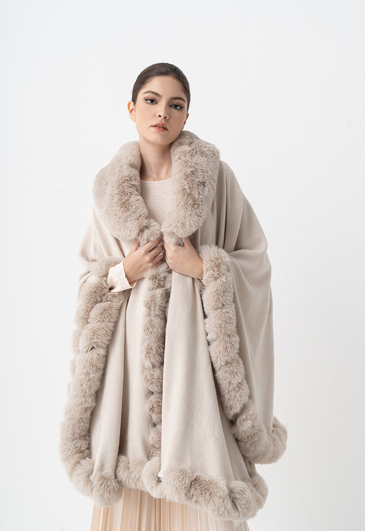 Choice Faux Fur Embellished Poncho Cream