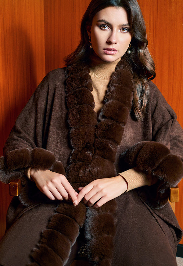 Choice Knitted Faux Fur Embellished Poncho Brown