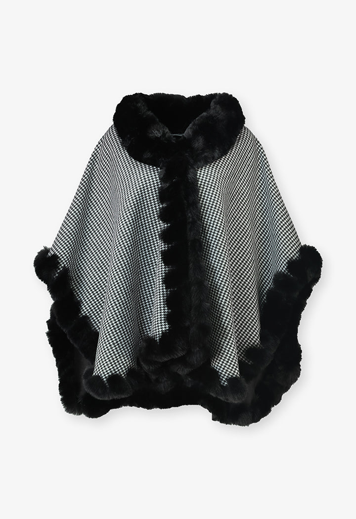 Choice Faux Fur Embellished Houndstooth Poncho Black