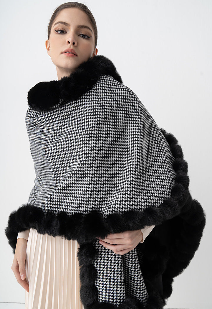 Choice Faux Fur Embellished Houndstooth Poncho Black