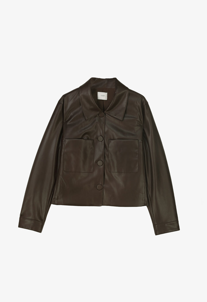 Choice Long Sleeves Cropped Synthetic Leather Jacket Brown