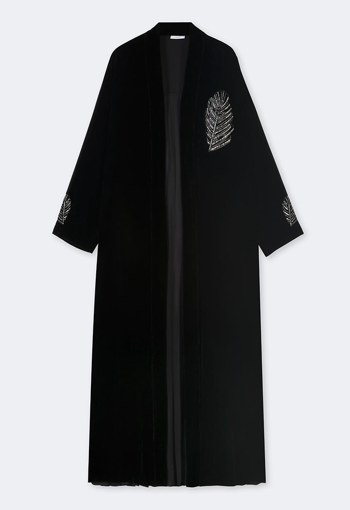 Choice Bead Embellished Pleated Velvet Abaya Black