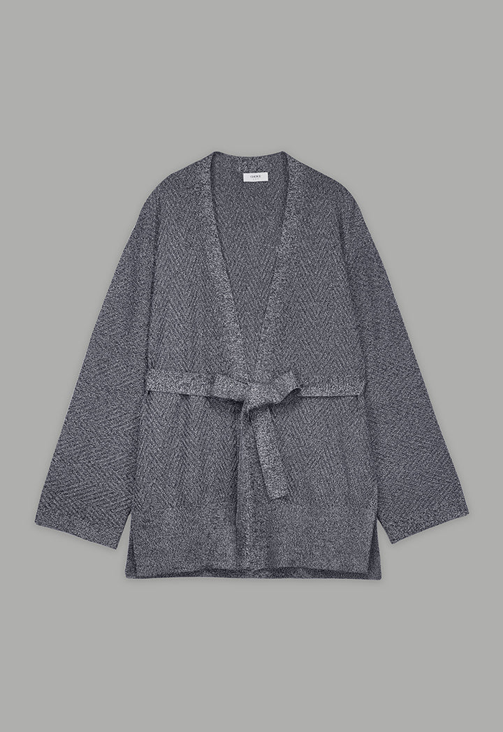 Choice Solid Lurex Knitted Belted Cardigan Silver