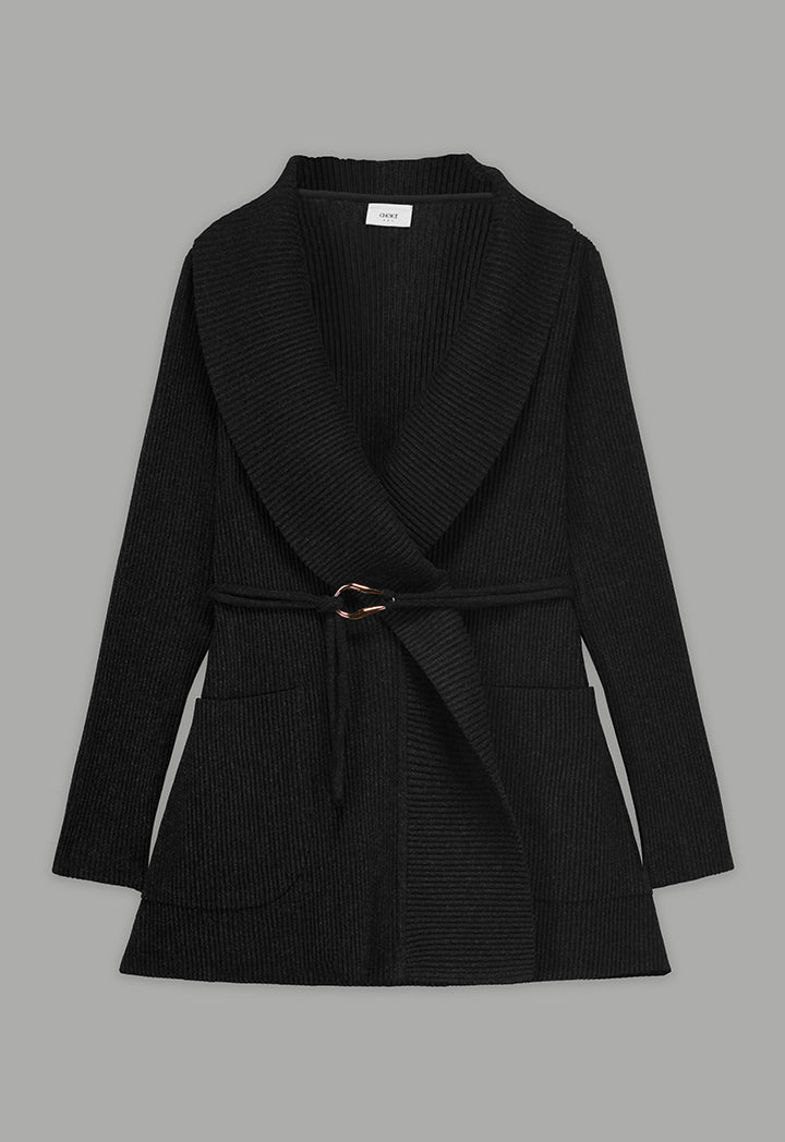 Choice Knitted Ribbed Belted Cardigan Black